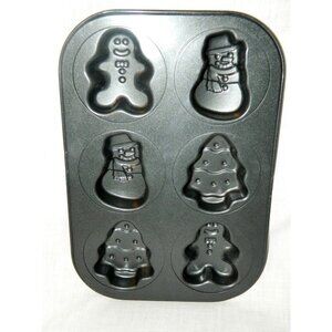 Christmas Cake Pan Mini Tree Snowman Gingerbread Man 6 Cavity Non Stick